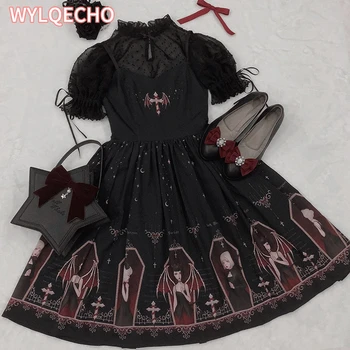 Темно-готическое платье с принтом Дьявола Черное в Японском стиле Lolita Jsk Викторианское платье на подтяжках Loli Sexy Sweet Goth Бандажные платья