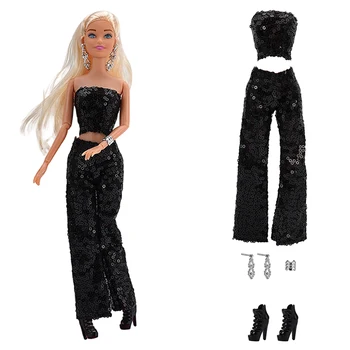 NK 1 Комплект Блестящего черного платья куклы-супермодели: топ + брюки + изысканные серьги + браслеты + высокие каблуки Для игрушки куклы Барби