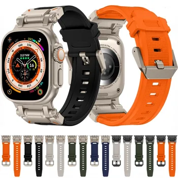 Резиновый Ремешок для Apple Watch Band Ultra 49 мм 45 мм 44 мм 42 мм Металлический Соединительный Браслет для iWatch Серии 9 8 7 6 5 3 SE Ремешок для часов