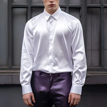 Элегантная мужская рубашка на пуговицах из атласного шелка, приталенная, с длинным рукавом, идеально подходящая для вечеринок и мероприятий (99 символов)