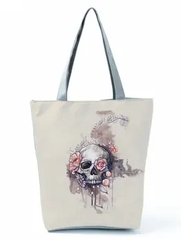 Большая сумка через плечо с цветочным принтом в виде черепа на Хэллоуин для женщин, модная портативная дорожная сумка, многоразовая сумка для покупок в стиле Ретро