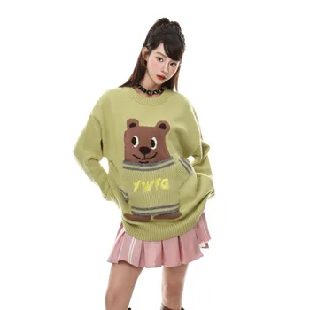 Полосатый вязаный свитер Harajuku Для мужчин и женщин, осенний Мультяшный медведь, хип-хоп, Винтажный пуловер Оверсайз, Уличная одежда, Повседневный джемпер Унисекс
