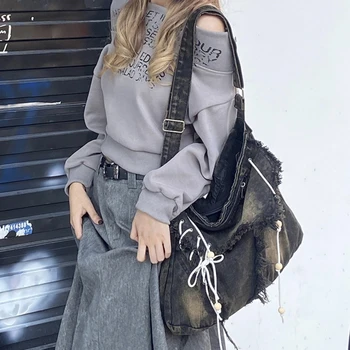 Y2K Корейская джинсовая сумка Harajuku в готическом стиле Хобо, Эстетичные Винтажные кошельки, женская сумка через плечо, сумка-мессенджер, сумки через плечо для коробейников